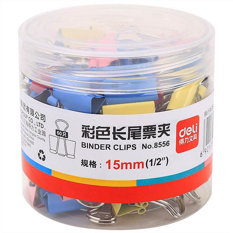 得力 8556 彩色长尾票夹 15mm 60只/筒 （筒） 混色